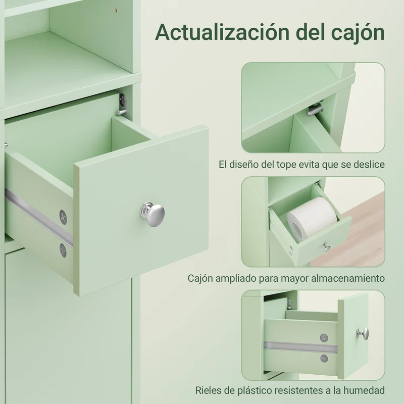 SoBuy BZR34-II-GR Mueble Columna de Baño con 5 Estantes 2 Puertas y 1 Cajón Verde