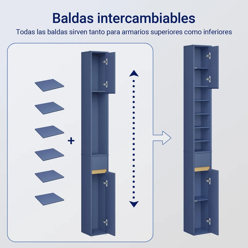 SoBuy BZR34-II-B Mueble Columna de Baño Estrecho con 5 Estantes 2 Puertas y 1 Cajón Azul Oscuro