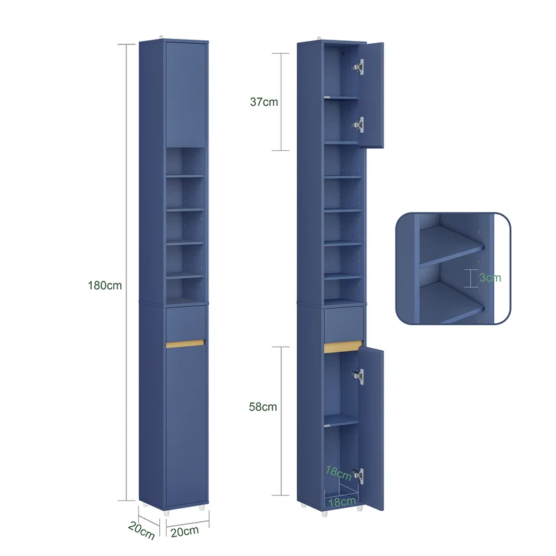 SoBuy BZR34-II-B Mueble Columna de Baño Estrecho con 5 Estantes 2 Puertas y 1 Cajón Azul Oscuro