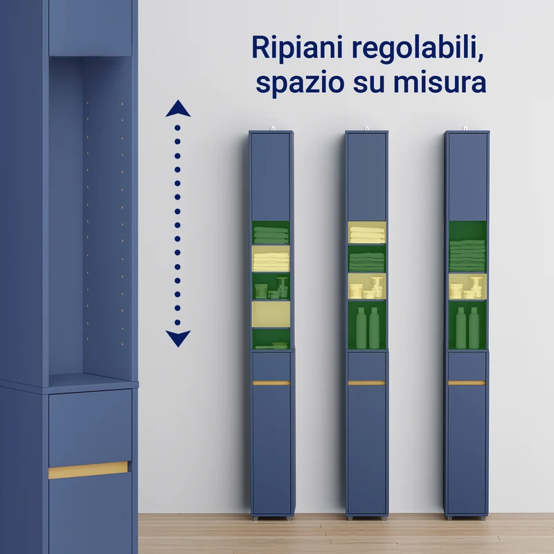 SoBuy BZR34-II-B Mueble Columna de Baño Estrecho con 5 Estantes 2 Puertas y 1 Cajón Azul Oscuro