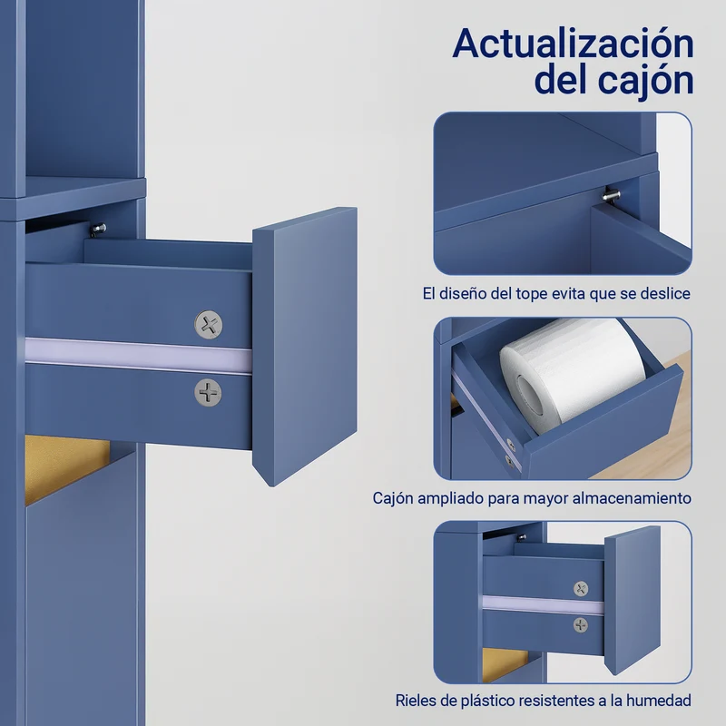 SoBuy BZR34-II-B Mueble Columna de Baño Estrecho con 5 Estantes 2 Puertas y 1 Cajón Azul Oscuro
