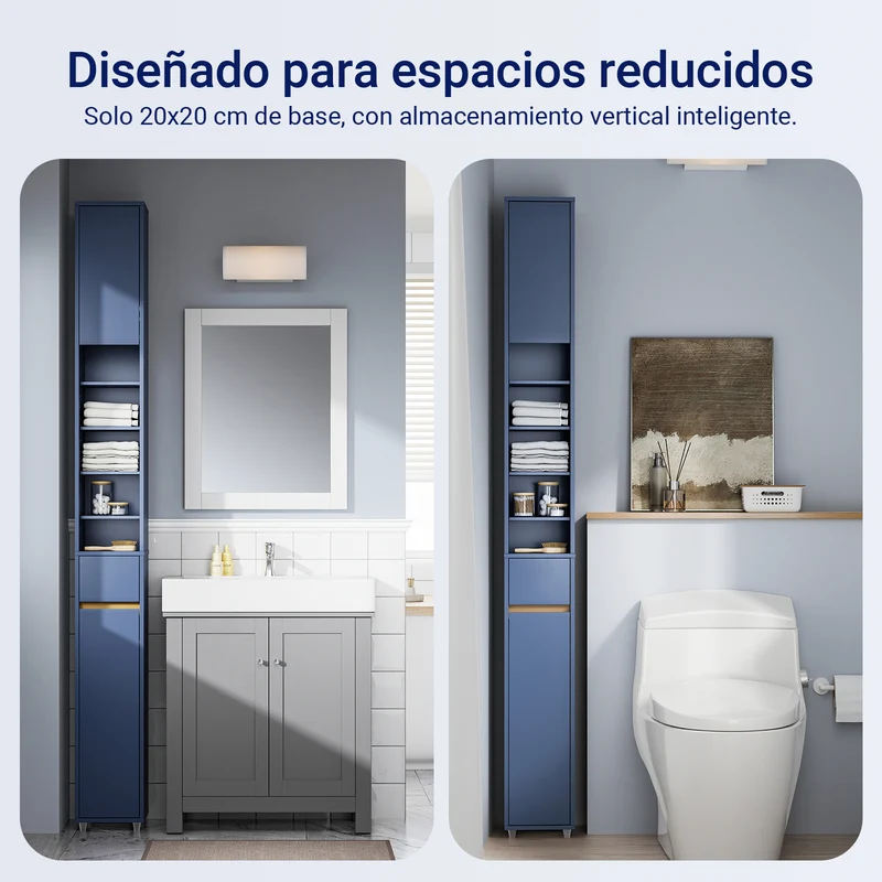 SoBuy BZR34-II-B Mueble Columna de Baño Estrecho con 5 Estantes 2 Puertas y 1 Cajón Azul Oscuro