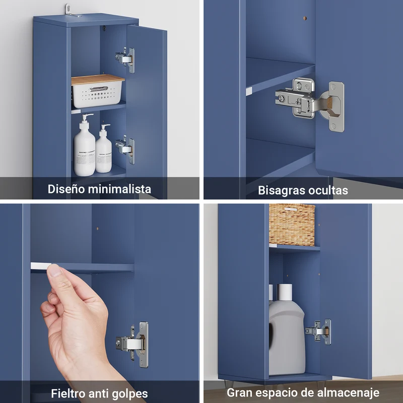 SoBuy BZR34-II-B Mueble Columna de Baño Estrecho con 5 Estantes 2 Puertas y 1 Cajón Azul Oscuro
