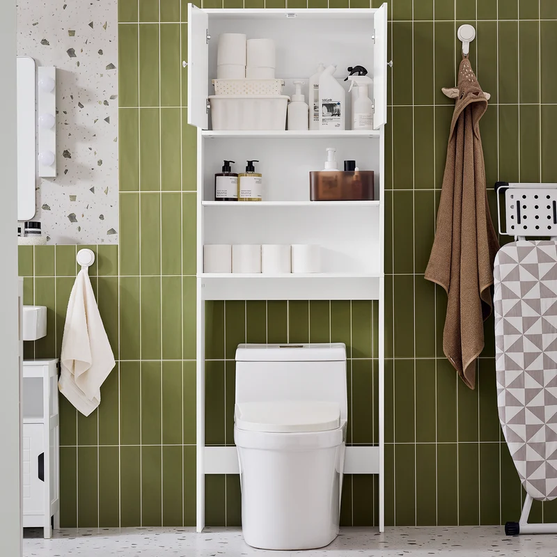 SoBuy BZR165-W Estantería de Baño para Colocar sobre el Inodoro con 2 Estantes Abiertos y 2 Puertas