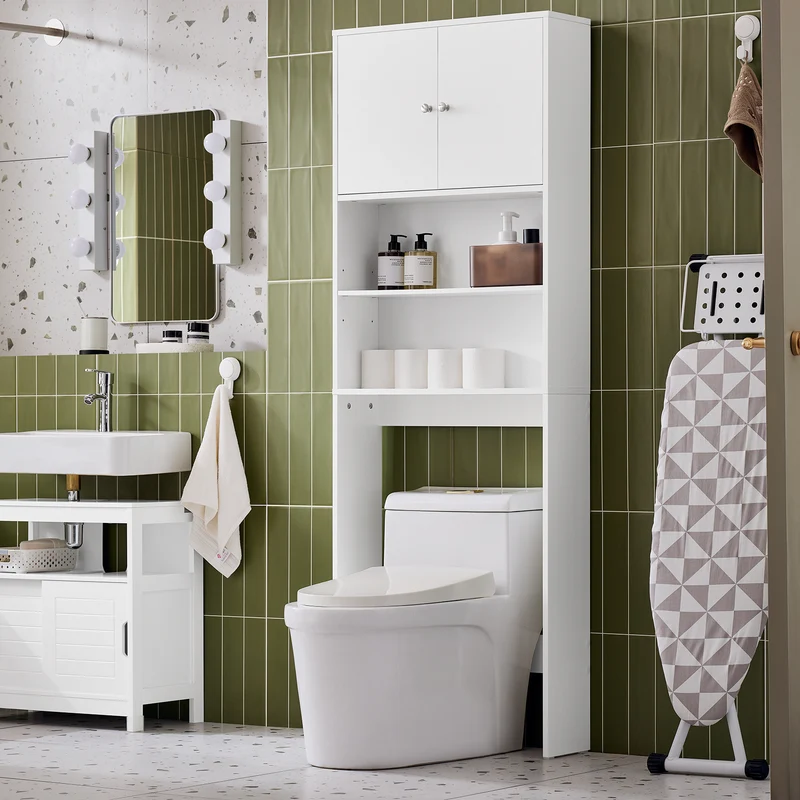SoBuy BZR165-W Estantería de Baño para Colocar sobre el Inodoro con 2 Estantes Abiertos y 2 Puertas