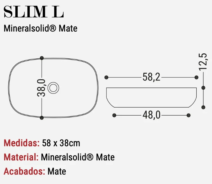Lavabo Sobreencimera Slim L Mate 58x38cm - Fabricación Española | Maderó Atelier