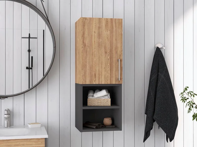 Gabinete de Baño Oporto, Miel y Plata Oscuro, con Espacio para Guardar Objetos de Aseo Personal