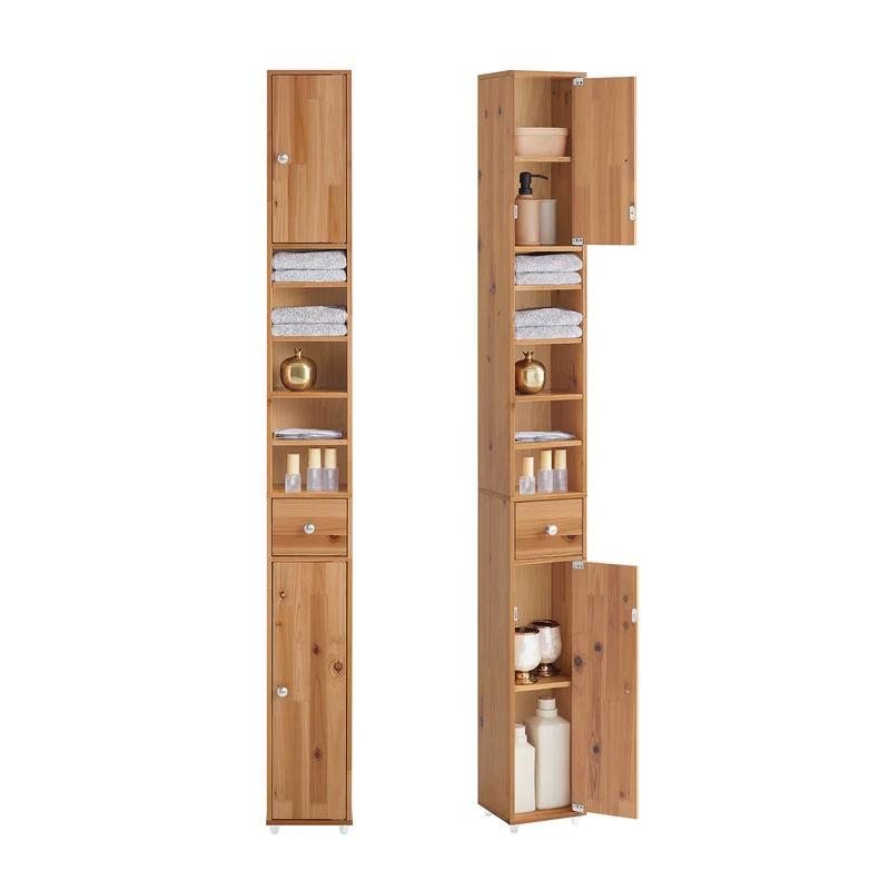 SoBuy BZR34-II-SH Mueble Columna de Baño con 5 Estantes Abiertos 2 Puertas y 1 Cajón Natural 20 x 20 x 180 cm
