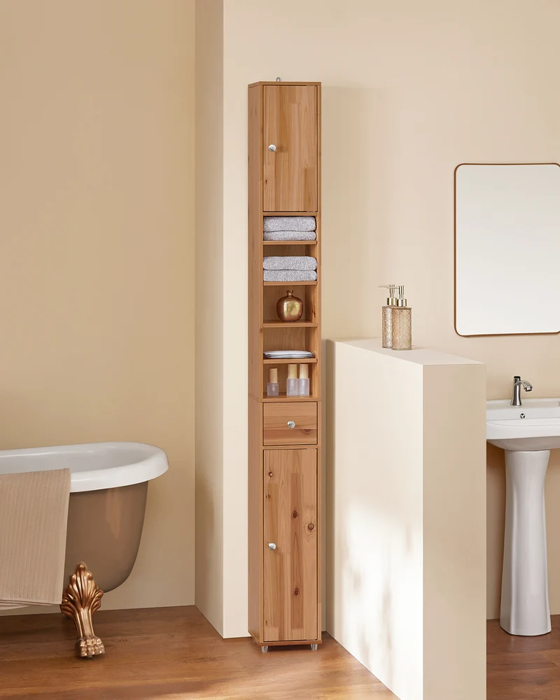 SoBuy BZR34-II-SH Mueble Columna de Baño con 5 Estantes Abiertos 2 Puertas y 1 Cajón Natural 20 x 20 x 180 cm