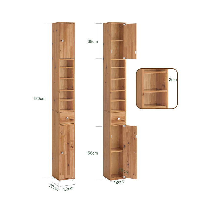 SoBuy BZR34-II-SH Mueble Columna de Baño con 5 Estantes Abiertos 2 Puertas y 1 Cajón Natural 20 x 20 x 180 cm