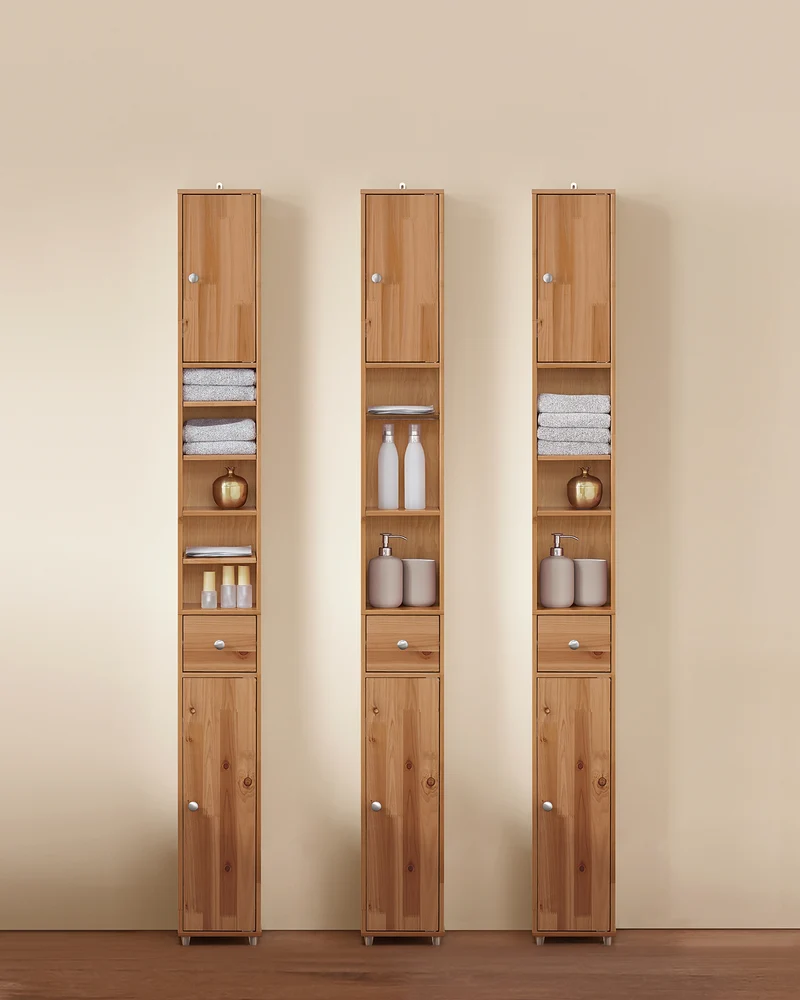 SoBuy BZR34-II-SH Mueble Columna de Baño con 5 Estantes Abiertos 2 Puertas y 1 Cajón Natural 20 x 20 x 180 cm