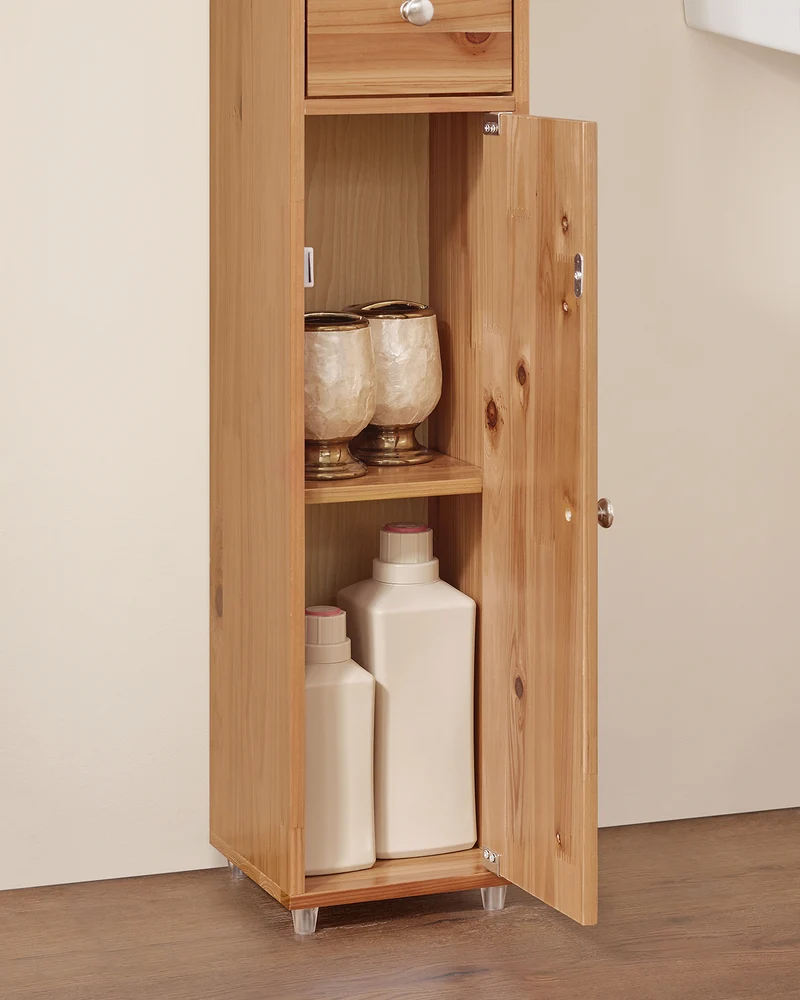 SoBuy BZR34-II-SH Mueble Columna de Baño con 5 Estantes Abiertos 2 Puertas y 1 Cajón Natural 20 x 20 x 180 cm