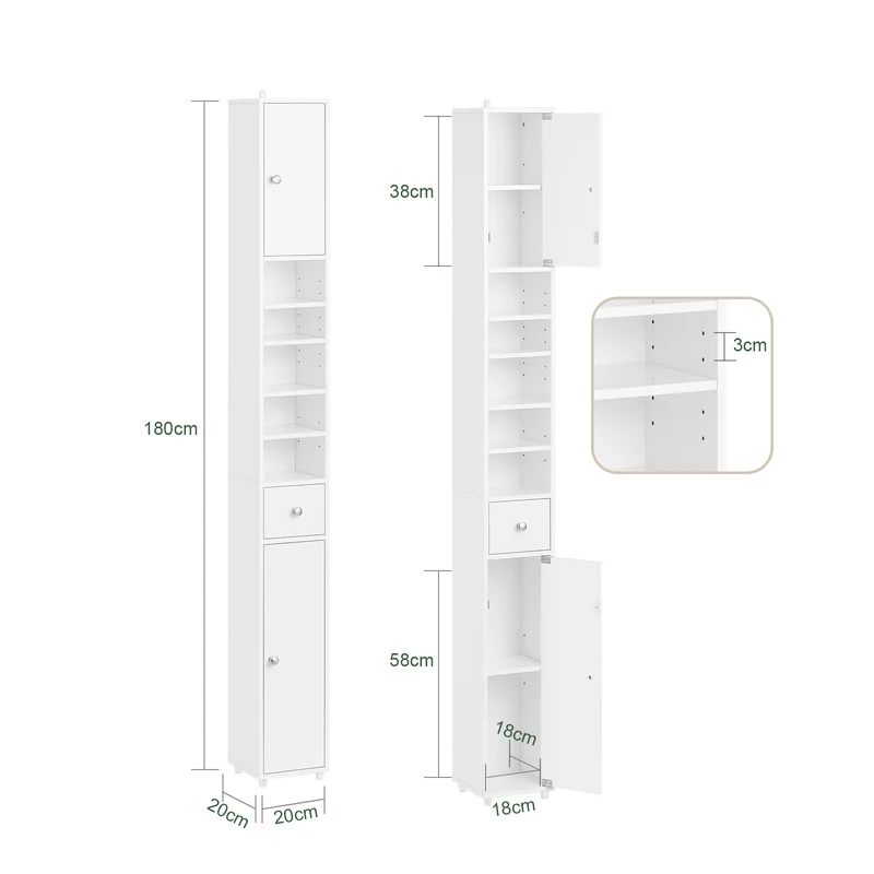 SoBuy BZR167-GW Mueble Columna de Baño con 5 Estantes Abiertos 2 Puertas y 1 Cajón Blanco