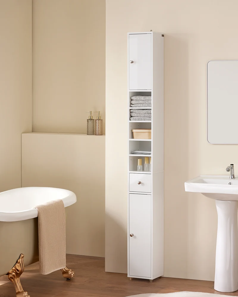 SoBuy BZR167-GW Mueble Columna de Baño con 5 Estantes Abiertos 2 Puertas y 1 Cajón Blanco