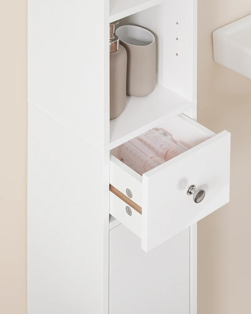 SoBuy BZR167-GW Mueble Columna de Baño con 5 Estantes Abiertos 2 Puertas y 1 Cajón Blanco