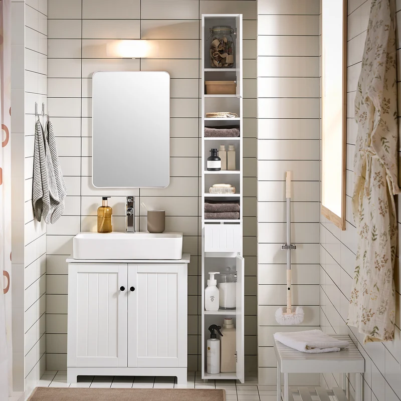 SoBuy BZR160-W Armario Alto para Baño con 2 Puertas y 1 Cajón Blanco
