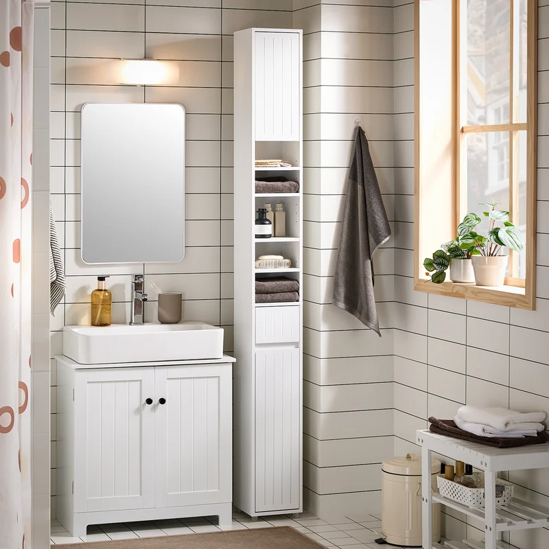 SoBuy BZR160-W Armario Alto para Baño con 2 Puertas y 1 Cajón Blanco