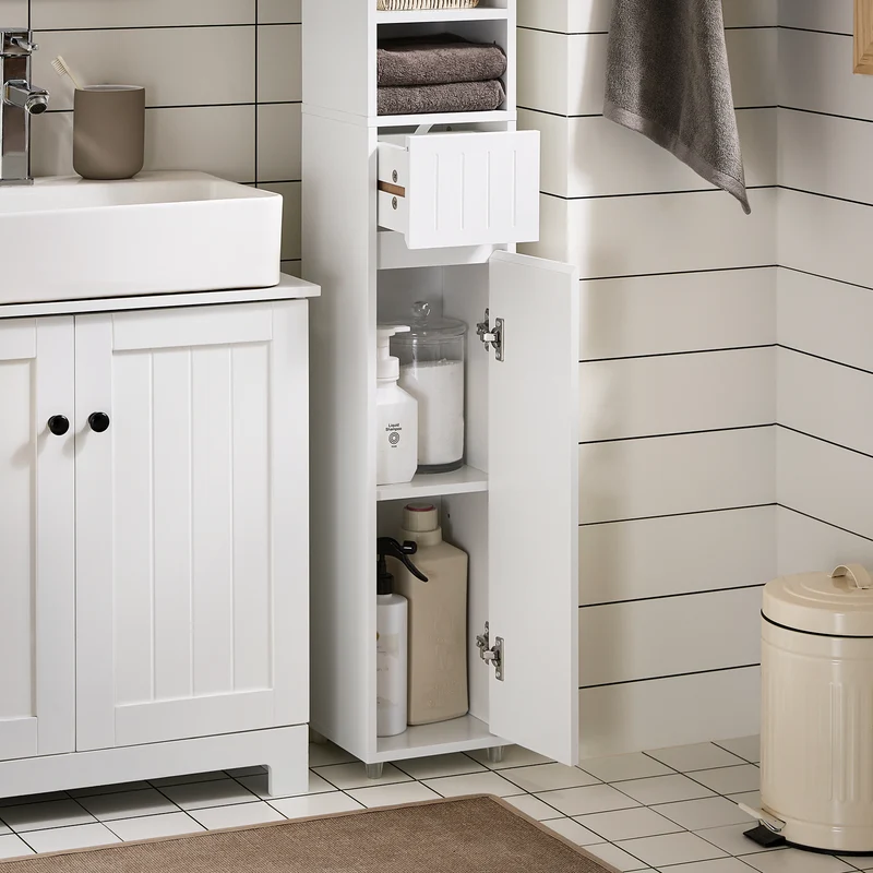 SoBuy BZR160-W Armario Alto para Baño con 2 Puertas y 1 Cajón Blanco