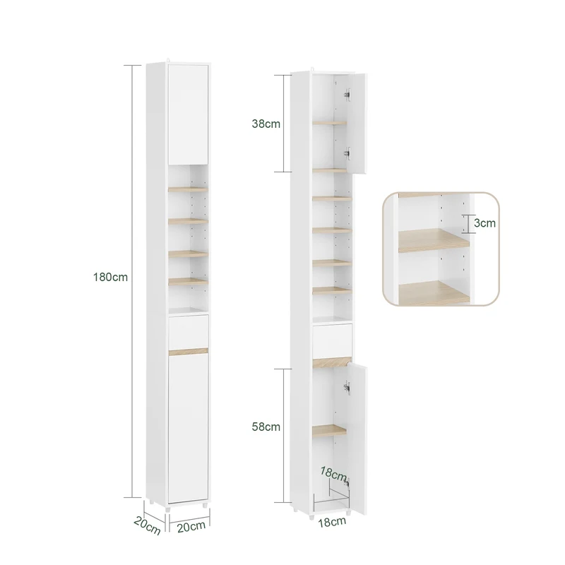 SoBuy BZR34-WN Mueble Columna de Baño estrecho con 2 Puertas y 1 Cajón Blanco