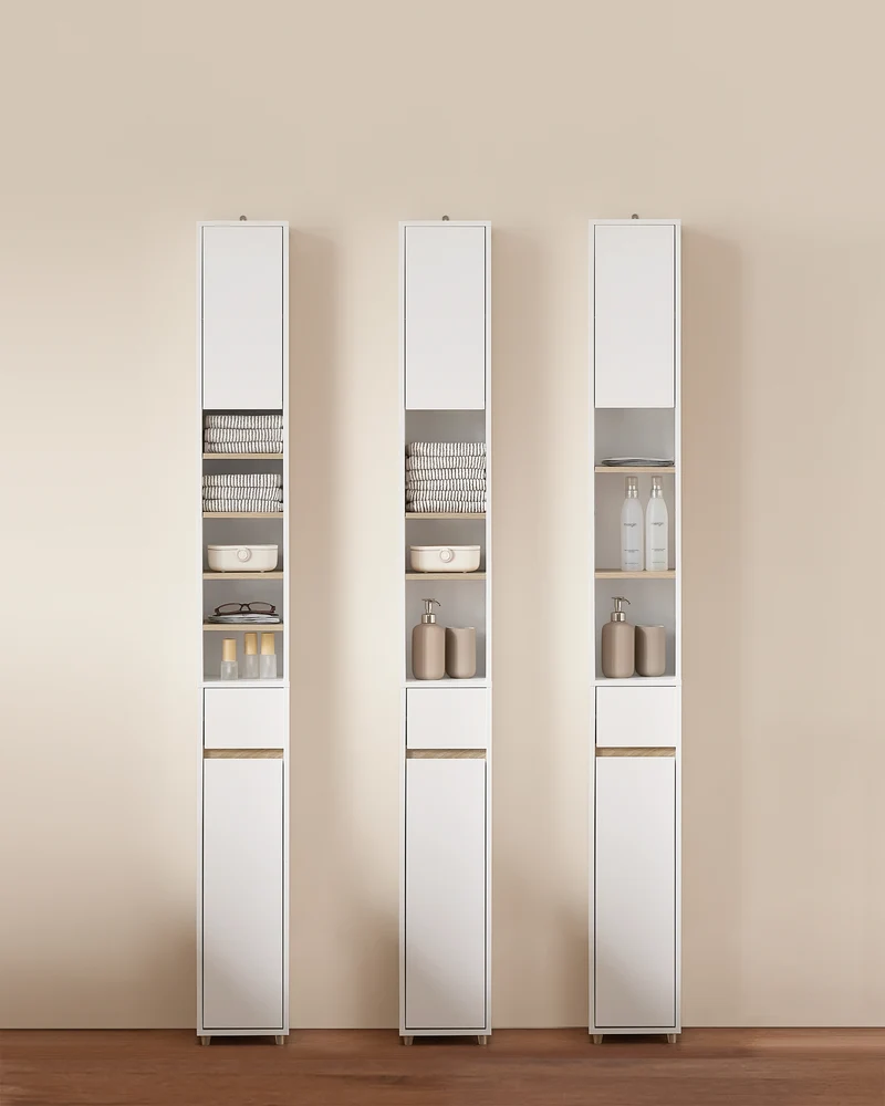 SoBuy BZR34-WN Mueble Columna de Baño estrecho con 2 Puertas y 1 Cajón Blanco