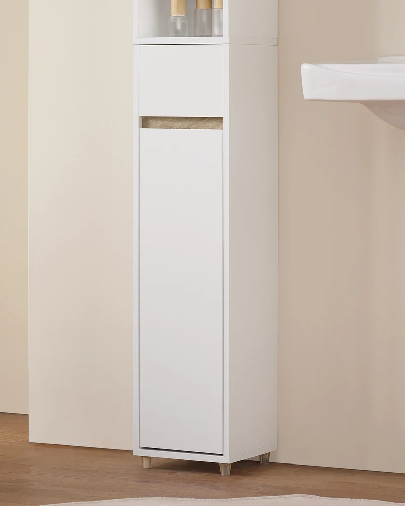 SoBuy BZR34-WN Mueble Columna de Baño estrecho con 2 Puertas y 1 Cajón Blanco