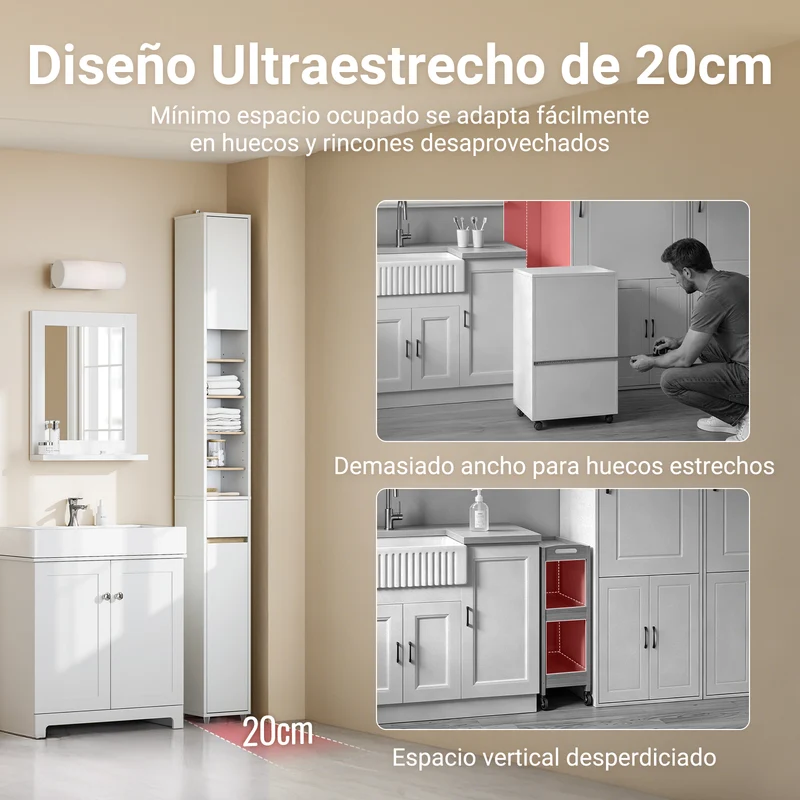 SoBuy BZR34-WN Mueble Columna de Baño estrecho con 2 Puertas y 1 Cajón Blanco