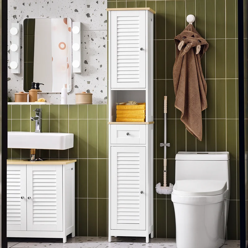 SoBuy FRG236-WN Armario de Baño con 1 Compartimento Abierto 2 Puertas y 1 Cajón 32 x 30 x170cm