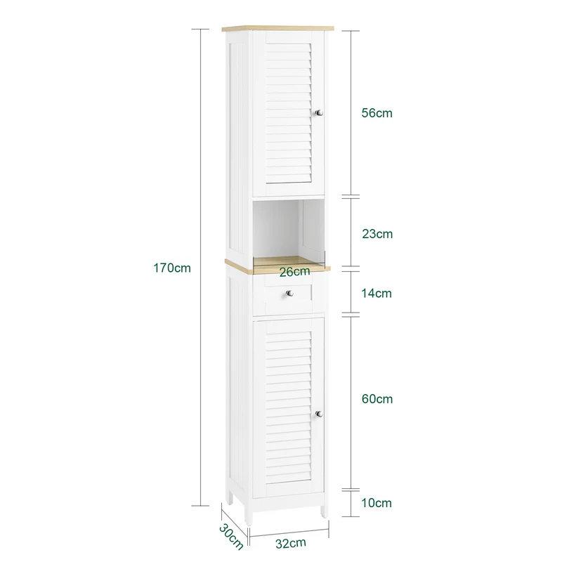 SoBuy FRG236-WN Armario de Baño con 1 Compartimento Abierto 2 Puertas y 1 Cajón 32 x 30 x170cm