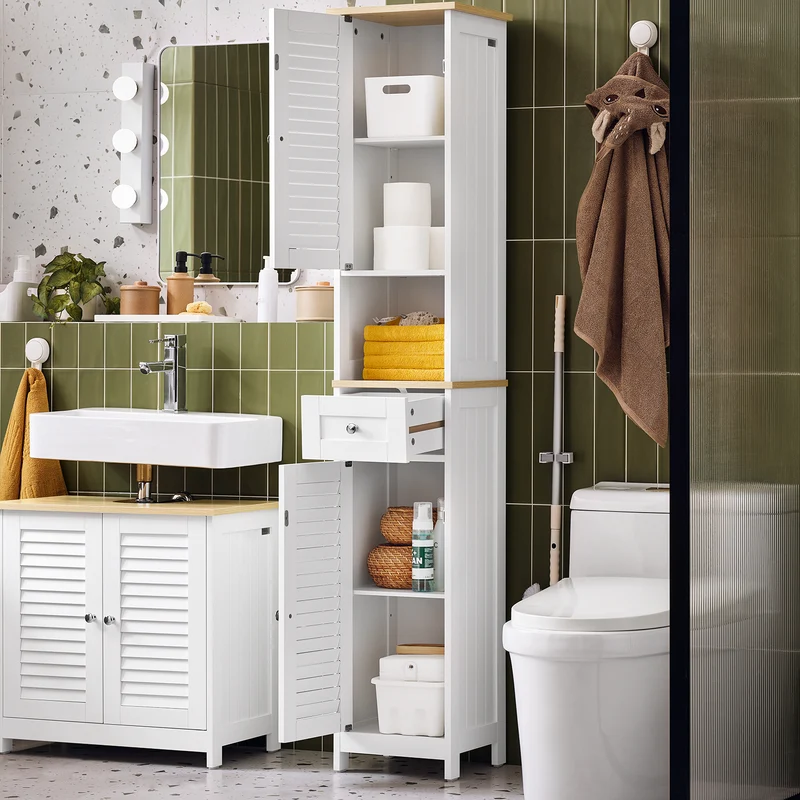 SoBuy FRG236-WN Armario de Baño con 1 Compartimento Abierto 2 Puertas y 1 Cajón 32 x 30 x170cm