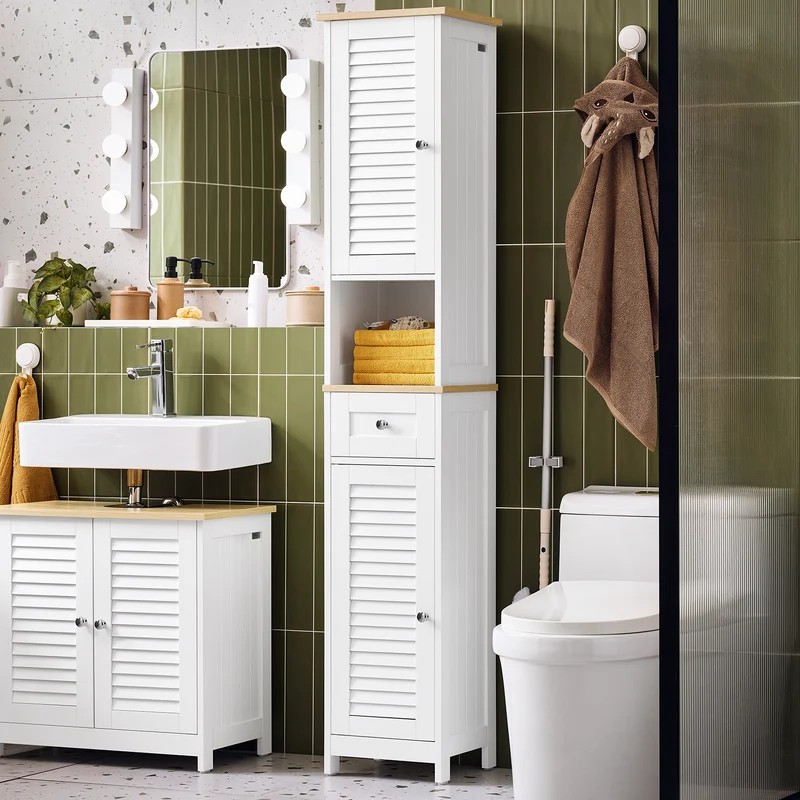 SoBuy FRG236-WN Armario de Baño con 1 Compartimento Abierto 2 Puertas y 1 Cajón 32 x 30 x170cm