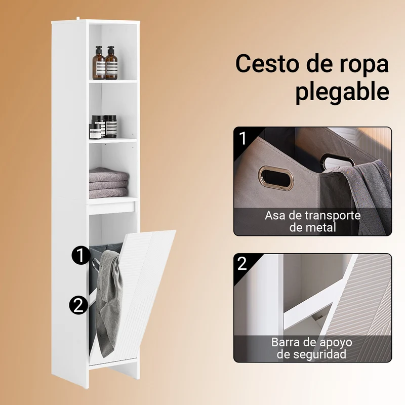 SoBuy BZR158-W Mueble Columna de Baño con 1 Cesto Blanco 30 x 30 x 170 cm
