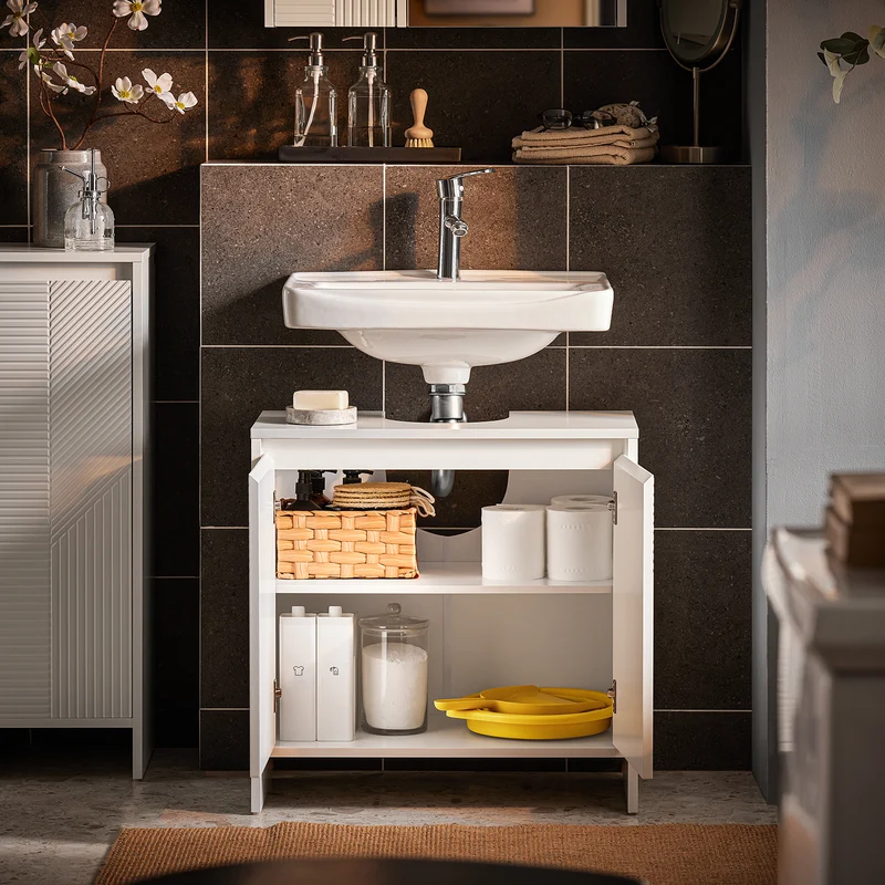 SoBuy BZR157-W Mueble de lavabo con puerta estampada Blanco