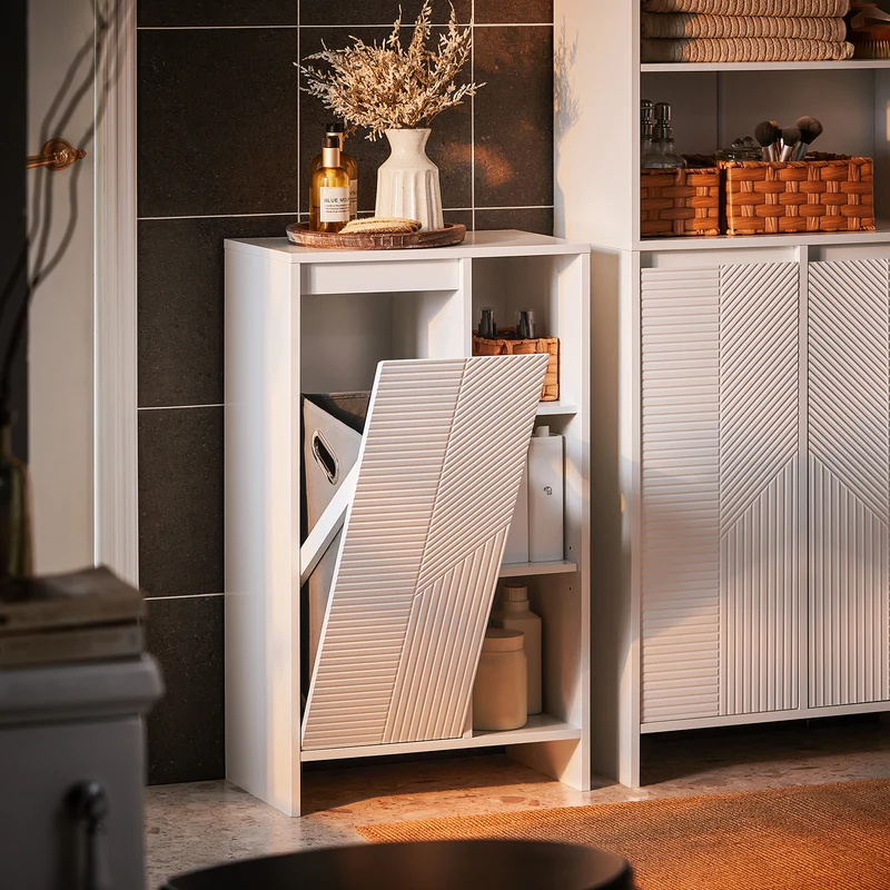 SoBuy BZR156-W Armario para Baño con 1 Cesto y 3 Compartimentos Abiertos 50 x 30 x 86 cm Blanco