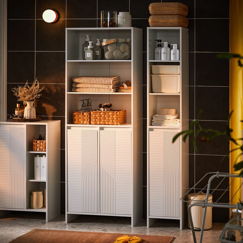 SoBuy BZR155-W Armario Alto de Baño con 2 Puertas 3 Estantes y 2 Cestos Blanco