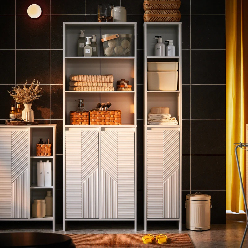 SoBuy BZR155-W Armario Alto de Baño con 2 Puertas 3 Estantes y 2 Cestos Blanco