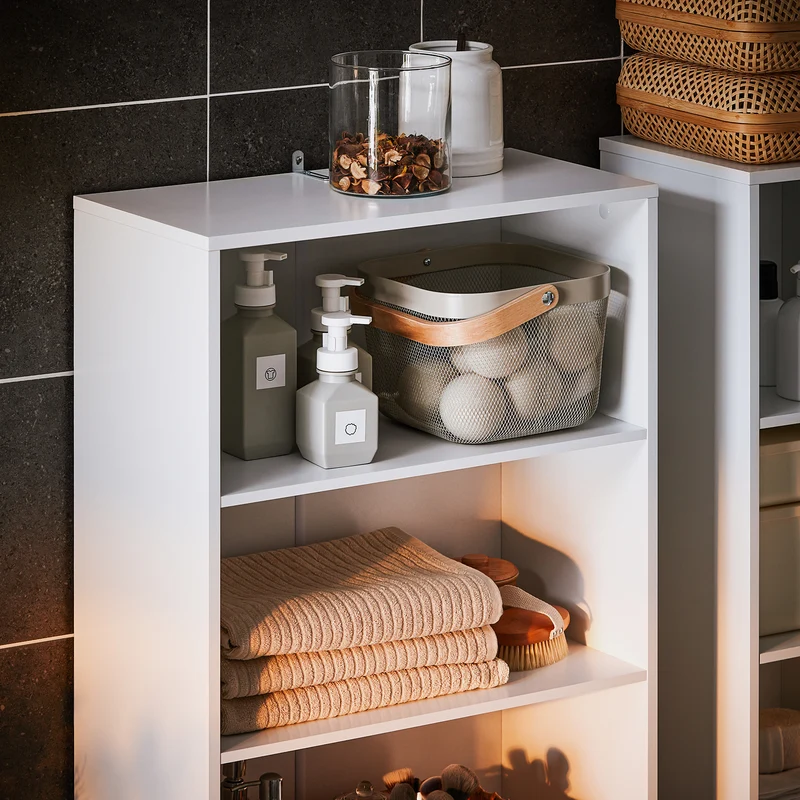 SoBuy BZR155-W Armario Alto de Baño con 2 Puertas 3 Estantes y 2 Cestos Blanco