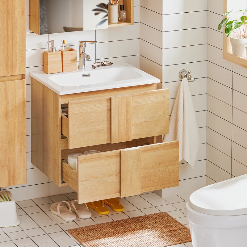 SoBuy BZR172-N Armario Colgante para Baño con 2 Cajones y 1 Lavabo 61 x 46 x 54 cm