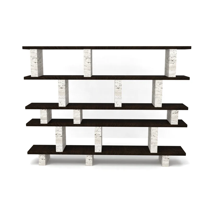 Estante de pared Merpins - madera ahumada - Pilares de travertino gris - 240 cm