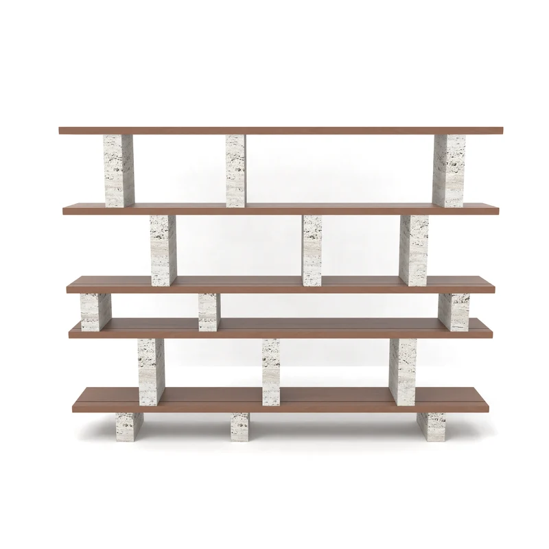 Estante de pared Merpins - madera ahumada - Pilares de travertino gris - 240 cm