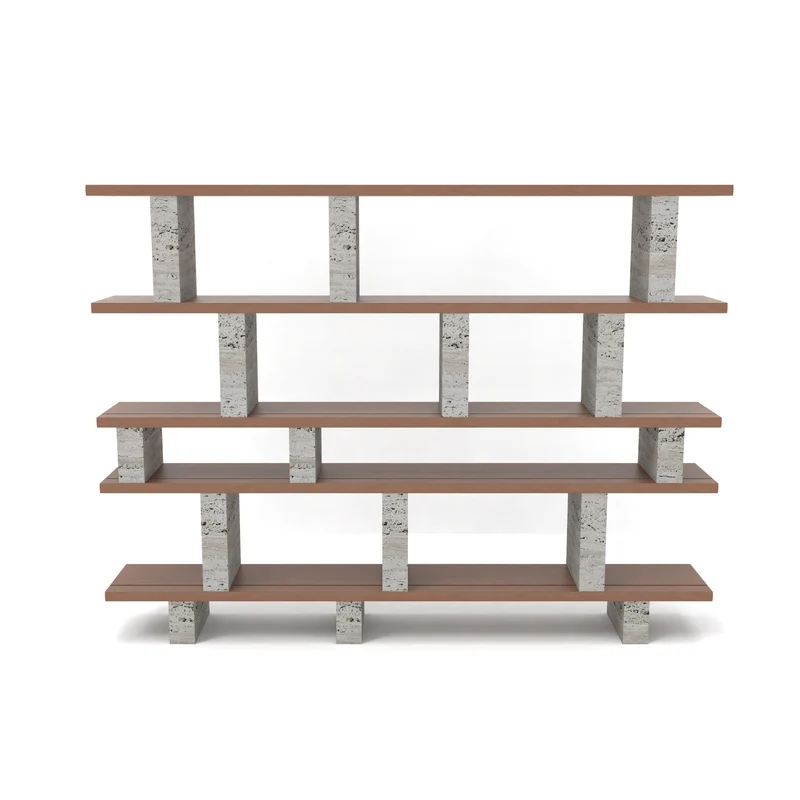 Estante de pared Merpins - madera ahumada - Pilares de travertino gris - 240 cm