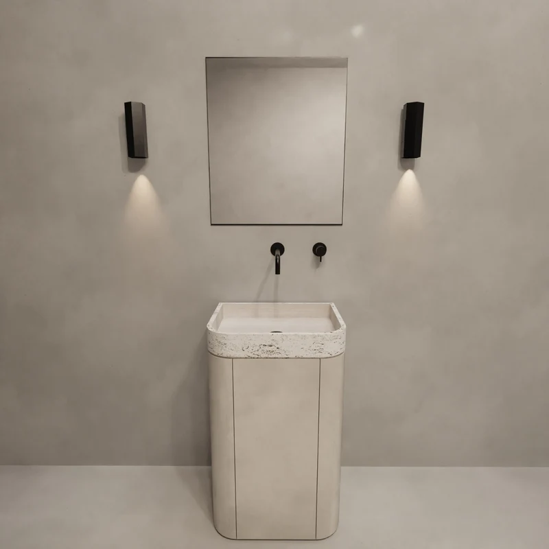 Mortexlook handenwasser - Lavabo de travertino blanco - Marceau - Con estantes