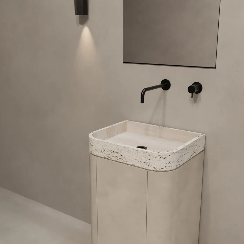 Mortexlook handenwasser - Lavabo de travertino blanco - Marceau - Con estantes
