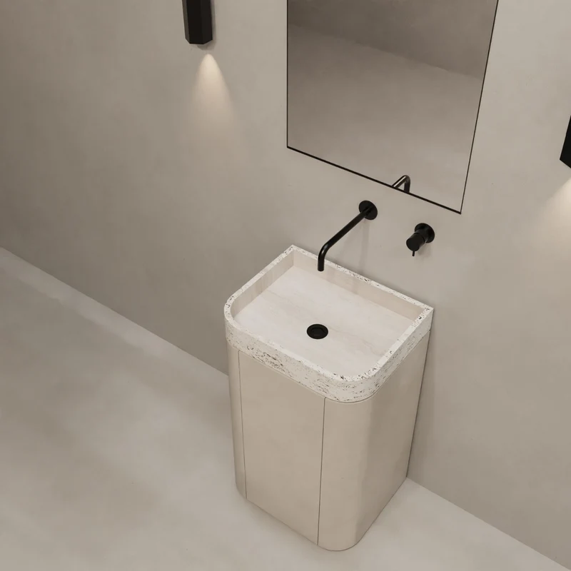 Mortexlook handenwasser - Lavabo de travertino blanco - Marceau - Con estantes
