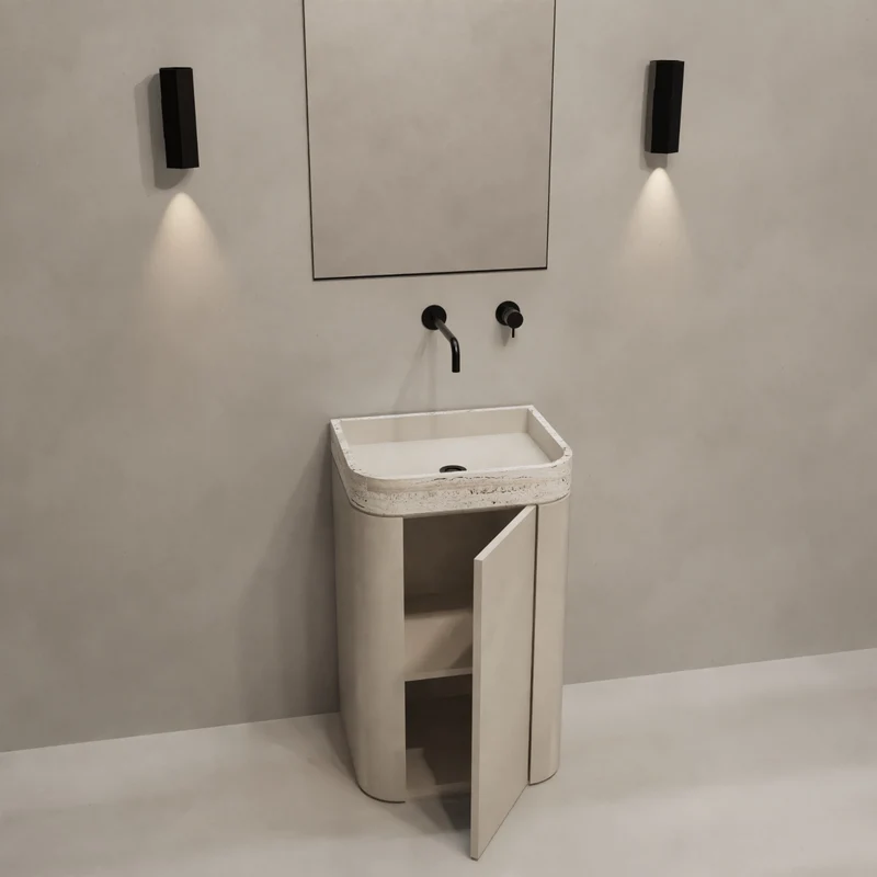 Mortexlook handenwasser - Lavabo de travertino blanco - Marceau - Con estantes