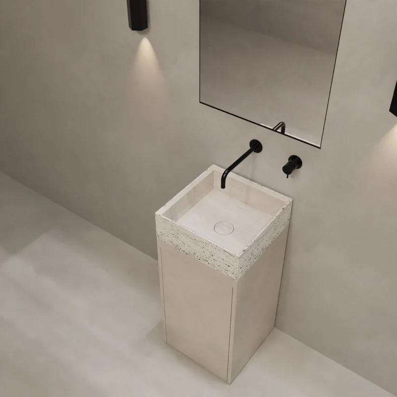 Lavamanos de travertino blanco - Base MicroSkin latte - Émile - Con estantes