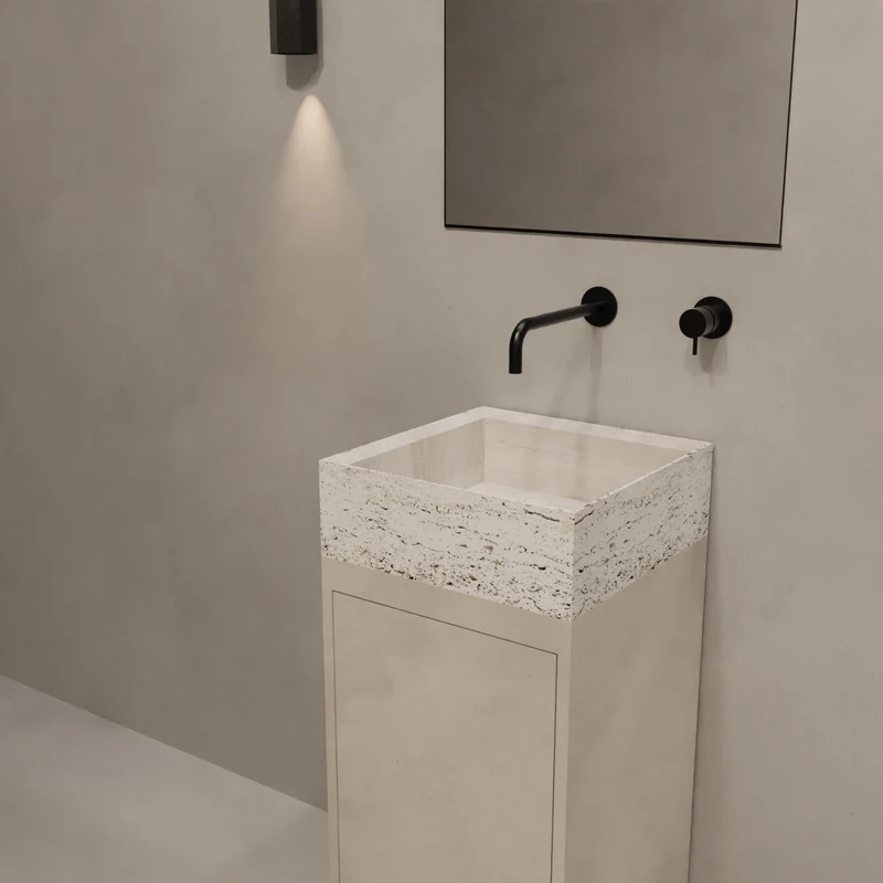 Lavamanos de travertino blanco - Base MicroSkin latte - Émile - Con estantes