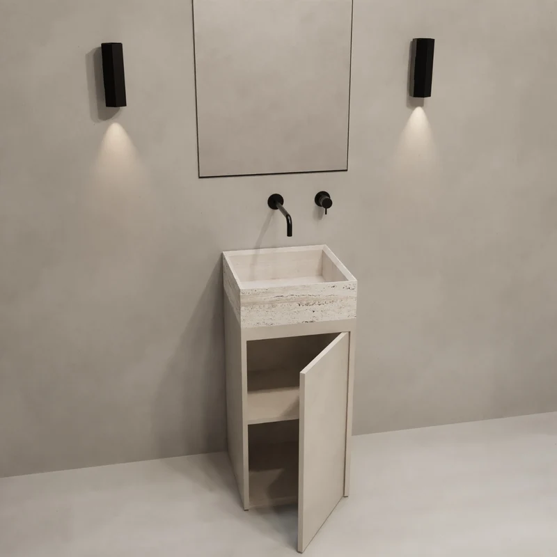 Lavamanos de travertino blanco - Base MicroSkin latte - Émile - Con estantes