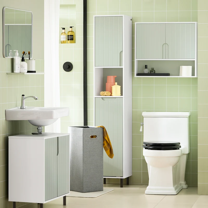 SoBuy BZR137-GR Mueble Columna de Baño con 1 Cesto para Ropa Sucia Verde