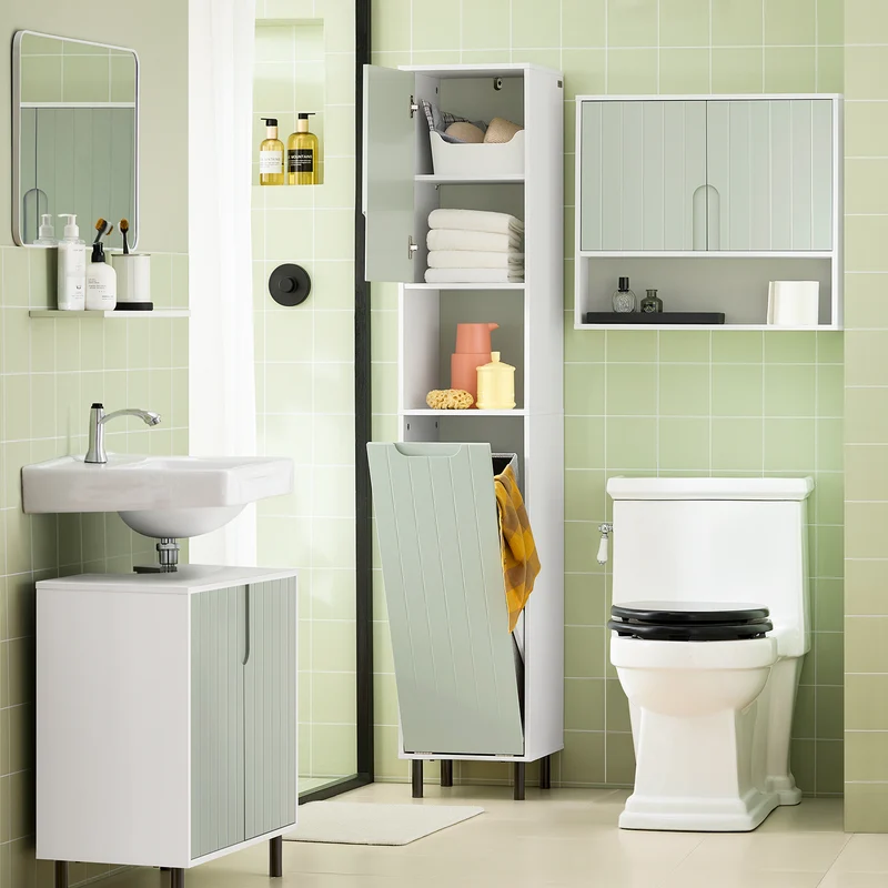 SoBuy BZR137-GR Mueble Columna de Baño con 1 Cesto para Ropa Sucia Verde