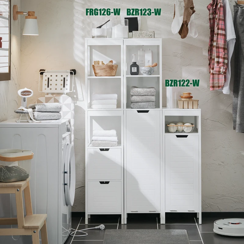 SoBuy BZR123-W Mueble Columna de Baño con 1 Cesto para Ropa Sucia y 2 Estantes